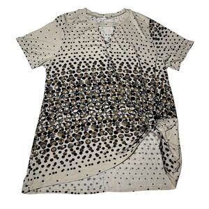 Story Teller Womens 2X Beige Polka Dot Side Tie Blouse Short Sleeve Stretch Top